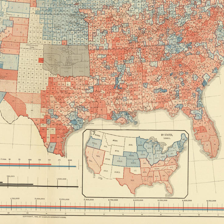 "Popular Vote. Ratio of Predominant to Total vote, by Counties, 1880" (1883)